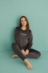 Gd Goldoremi 13164-5 Kadın Hello Sunday Kadife Uzun Kol Pijama Takım