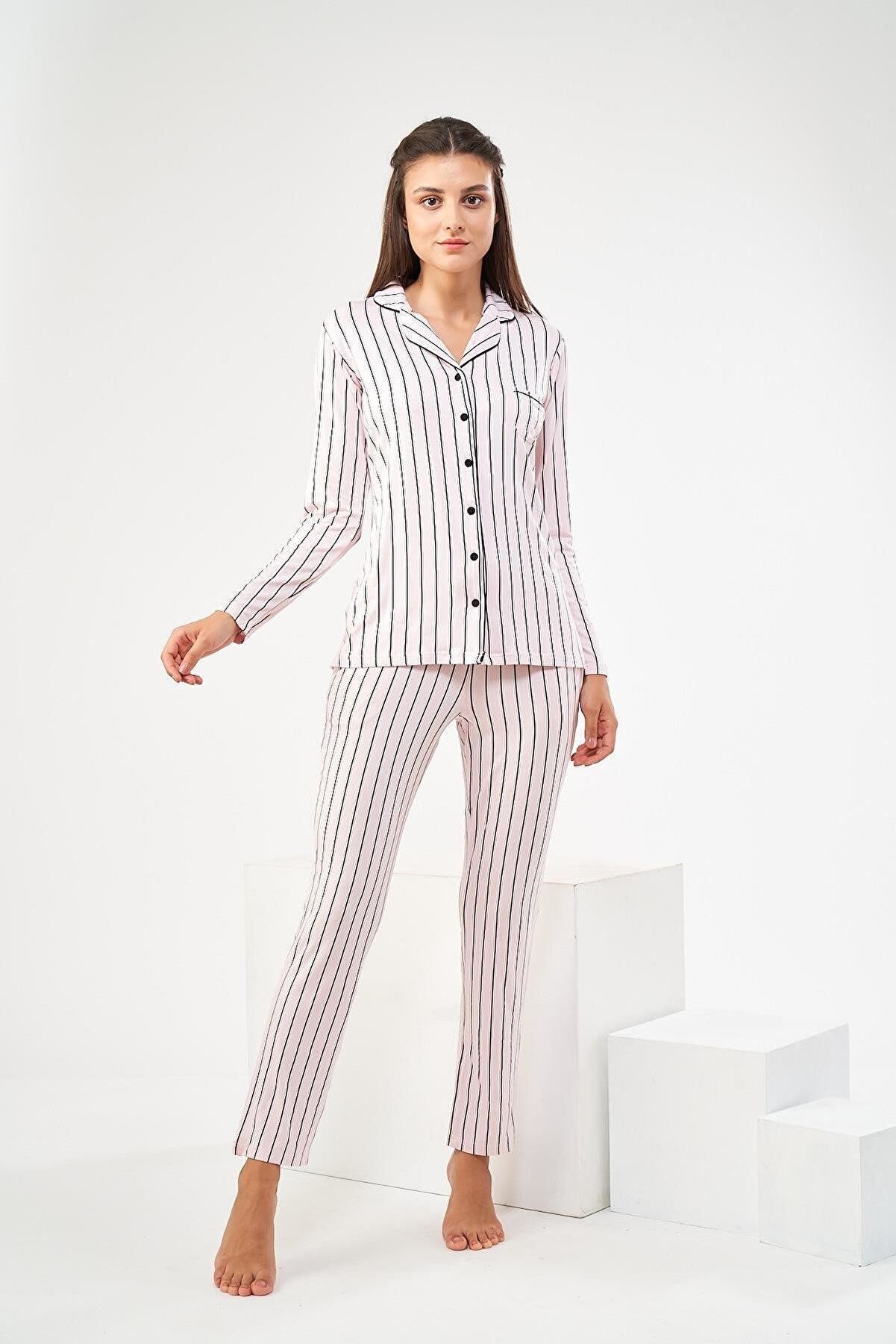 PJS 22447 Kadın Çizgili Düğmeli Pijama Takım