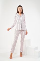 PJS 22447 Kadın Çizgili Düğmeli Pijama Takım