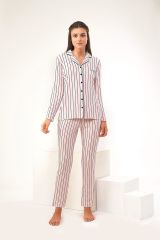 PJS 22447 Kadın Çizgili Düğmeli Pijama Takım