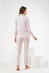 PJS 22447 Kadın Çizgili Düğmeli Pijama Takım