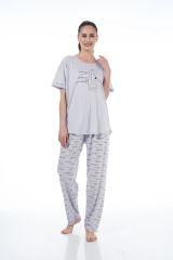 Estiva 22151 Kadın Kuğulu Viskon Kısa Kollu Büyük Beden Pijama Takımı