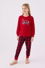 Arnetta 3105 Garson Noel Let İt Snow Kız Çocuk Kırmızı Uzun Kol Pijama Takım