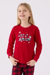 Arnetta 3105 Garson Noel Let İt Snow Kız Çocuk Kırmızı Uzun Kol Pijama Takım