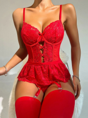 For Dreams 8412 Kadın Kırmızı Dantel Desenli Büstiyerli Jartiyer Takım