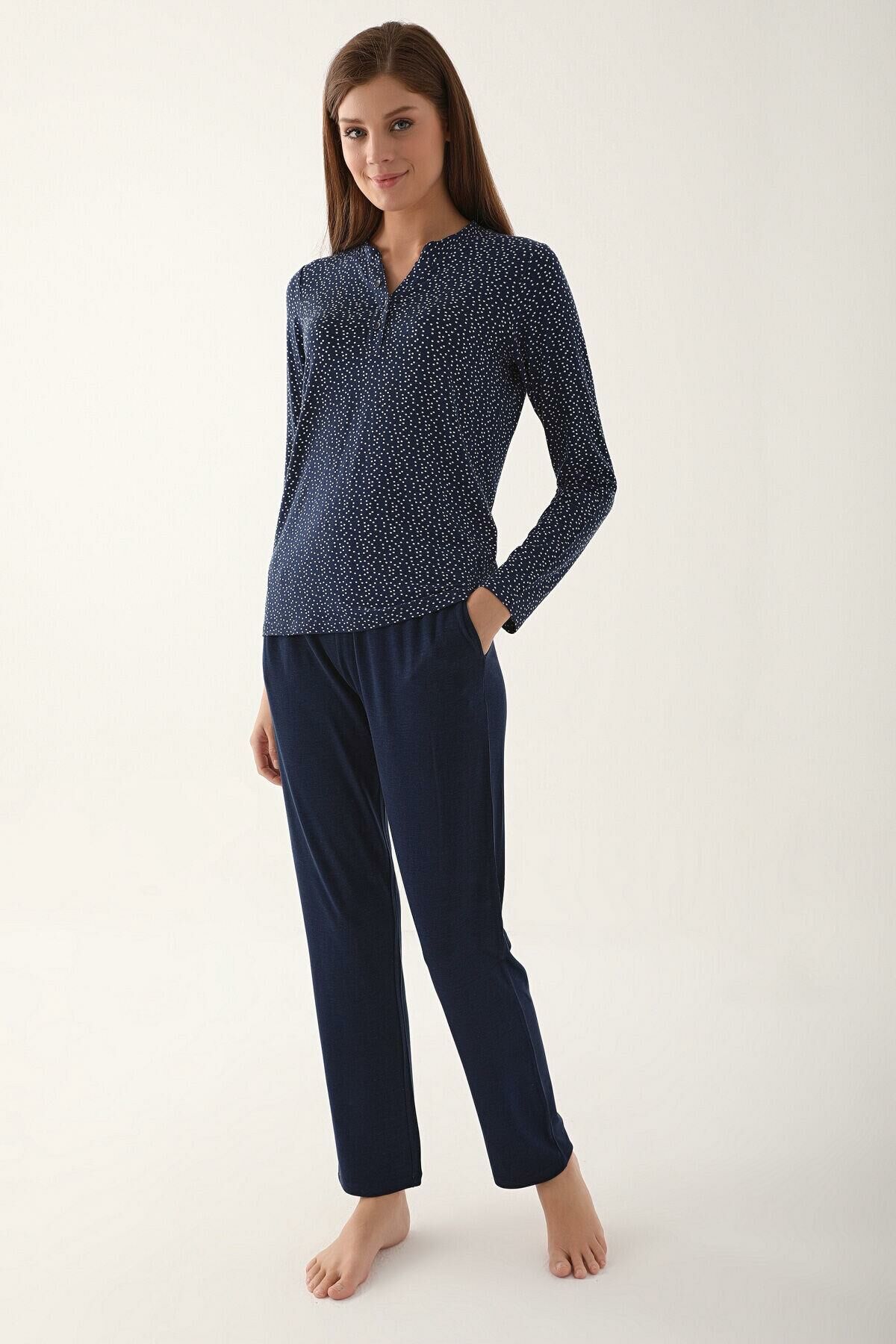 Arnetta 2659 Dotted Lacivert Kadın Uzun Kol Pijama Takım