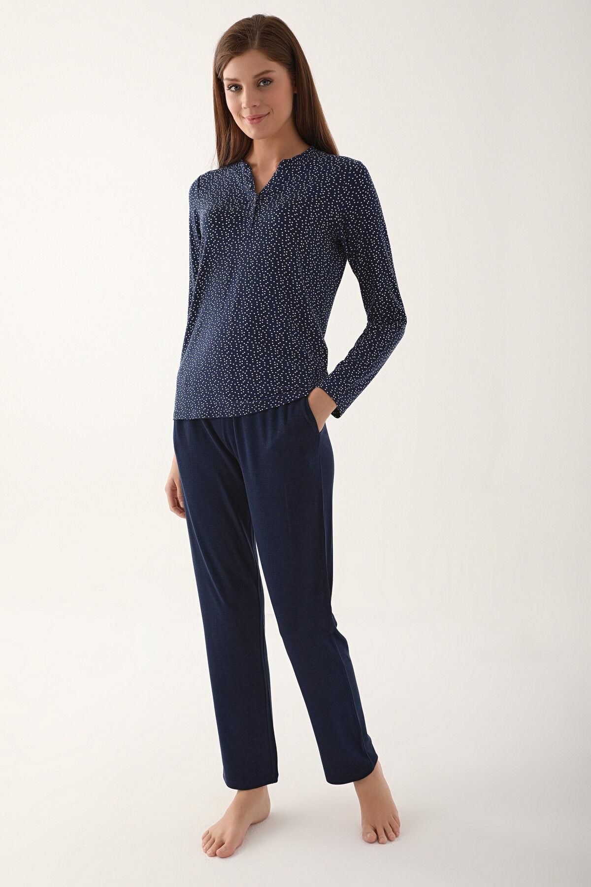 Arnetta 2659 Dotted Lacivert Kadın Uzun Kol Pijama Takım