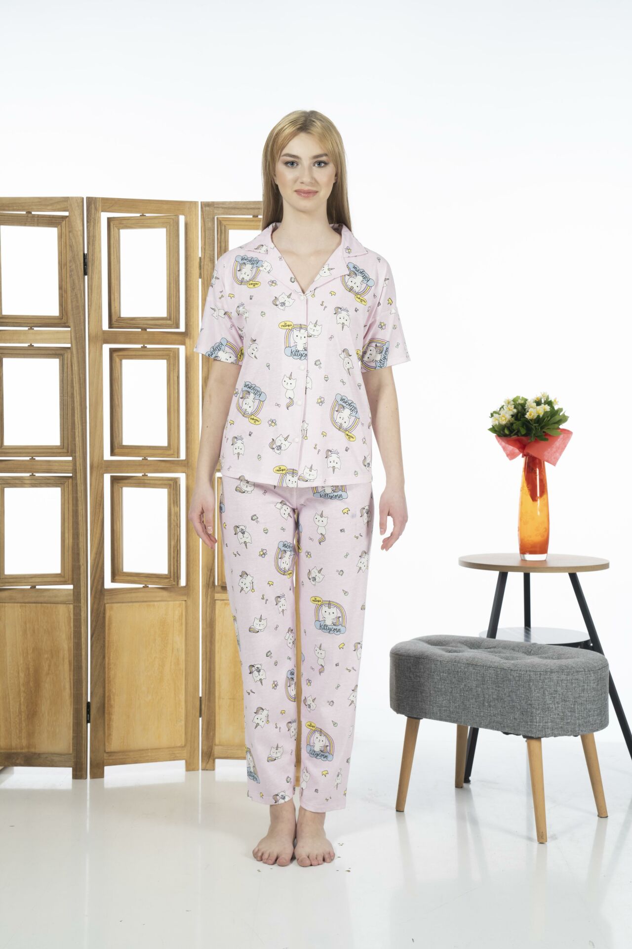 Estiva 24125 Kadın Kittycorn Kısa Kol Önden Düğmeli Yazlık Penye Pijama Takımı