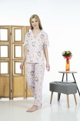 Estiva 24125 Kadın Kittycorn Kısa Kol Önden Düğmeli Yazlık Penye Pijama Takımı