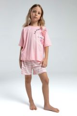 U.S. Polo Assn. 2073 Kız Çocuk Bisiklet Yaka Kısa Kollu Çizgili Şort Pijama Takım