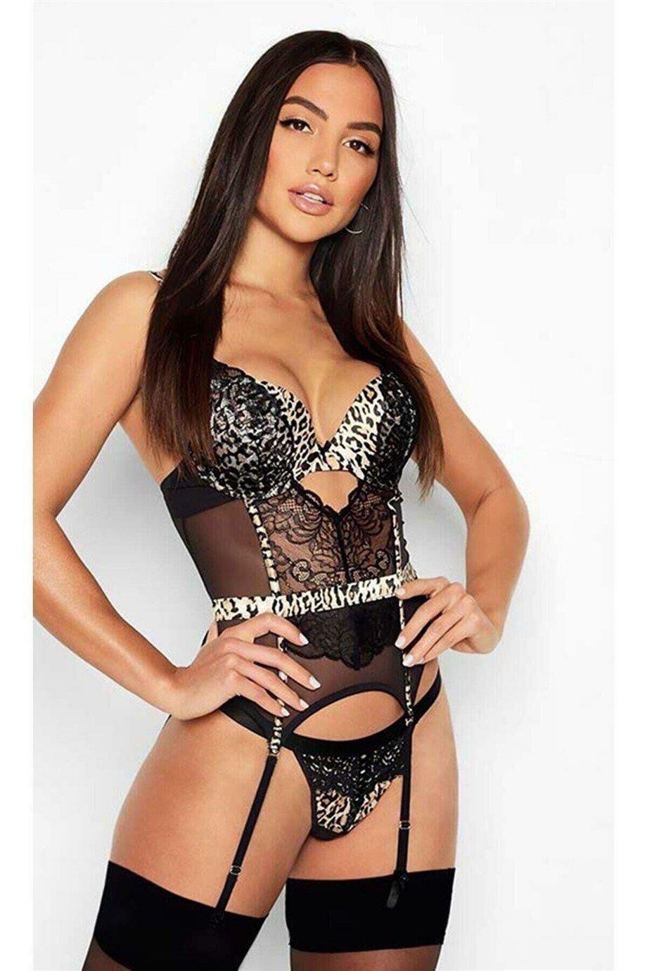 For Dreams 8351 Leopar Desen Fantazi Dantelli Jartiyerli Babydoll Takım