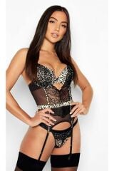 For Dreams 8351 Leopar Desen Fantazi Dantelli Jartiyerli Babydoll Takım