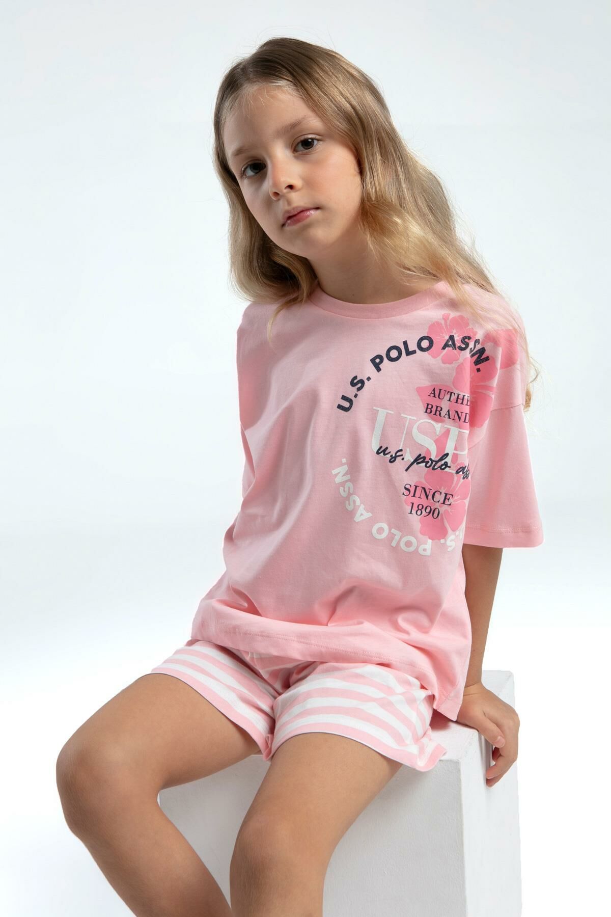 U.S. Polo Assn. 2073 Garson Kız Çocuk Bisiklet Yaka Kısa Kollu Çizgili Şort Pijama Takım