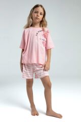 U.S. Polo Assn. 2073 Garson Kız Çocuk Bisiklet Yaka Kısa Kollu Çizgili Şort Pijama Takım