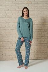 1730 Büyük Beden Kadın Düğmeli Uzun Kollu Pijama Takımı