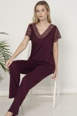 Pijadore 1604 Kadın Kısa Kol Yaka ve Kol Dantelli Pijama Takım