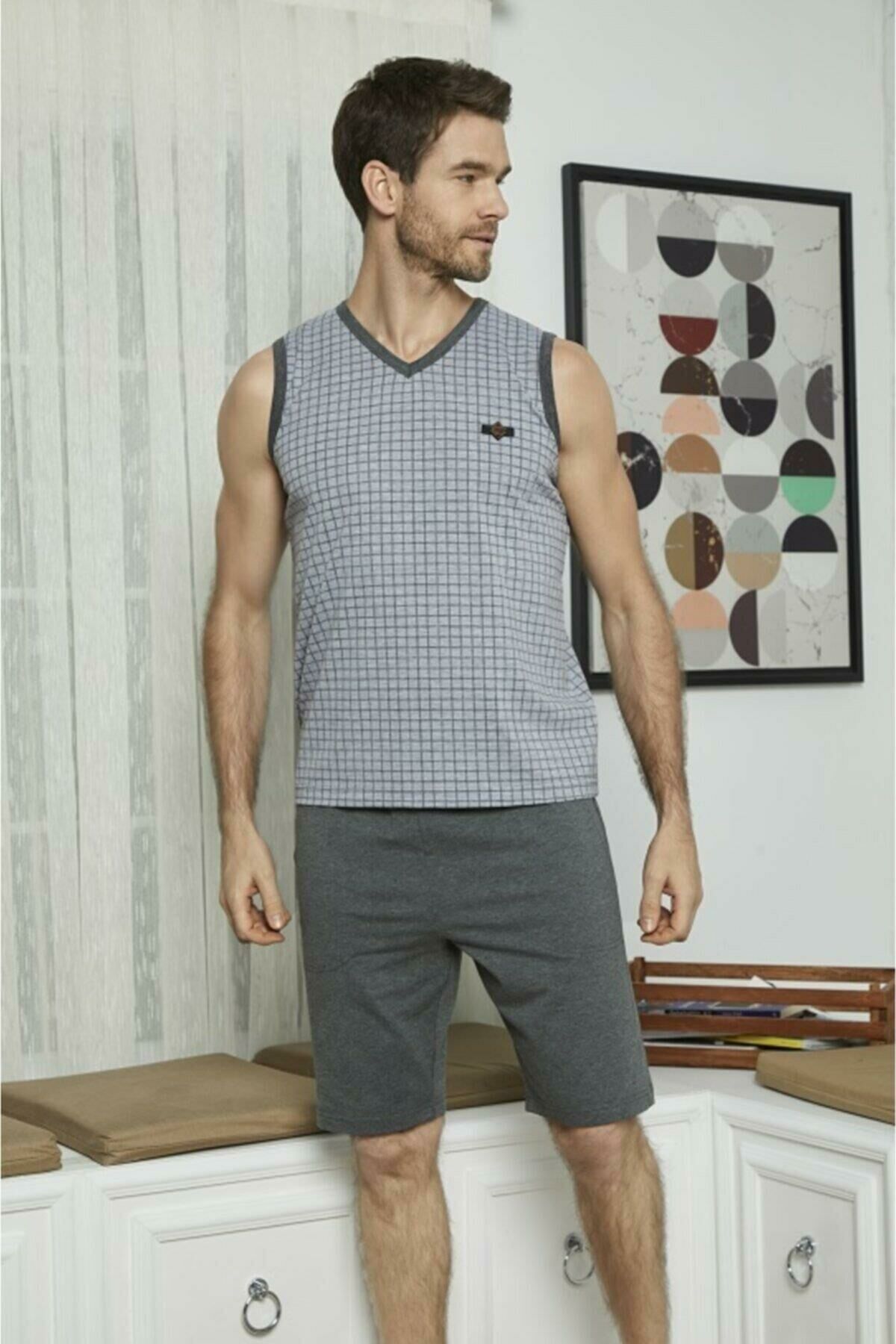 KLY 7508 Erkek Sıfır Kol Kapri Pijama Takım