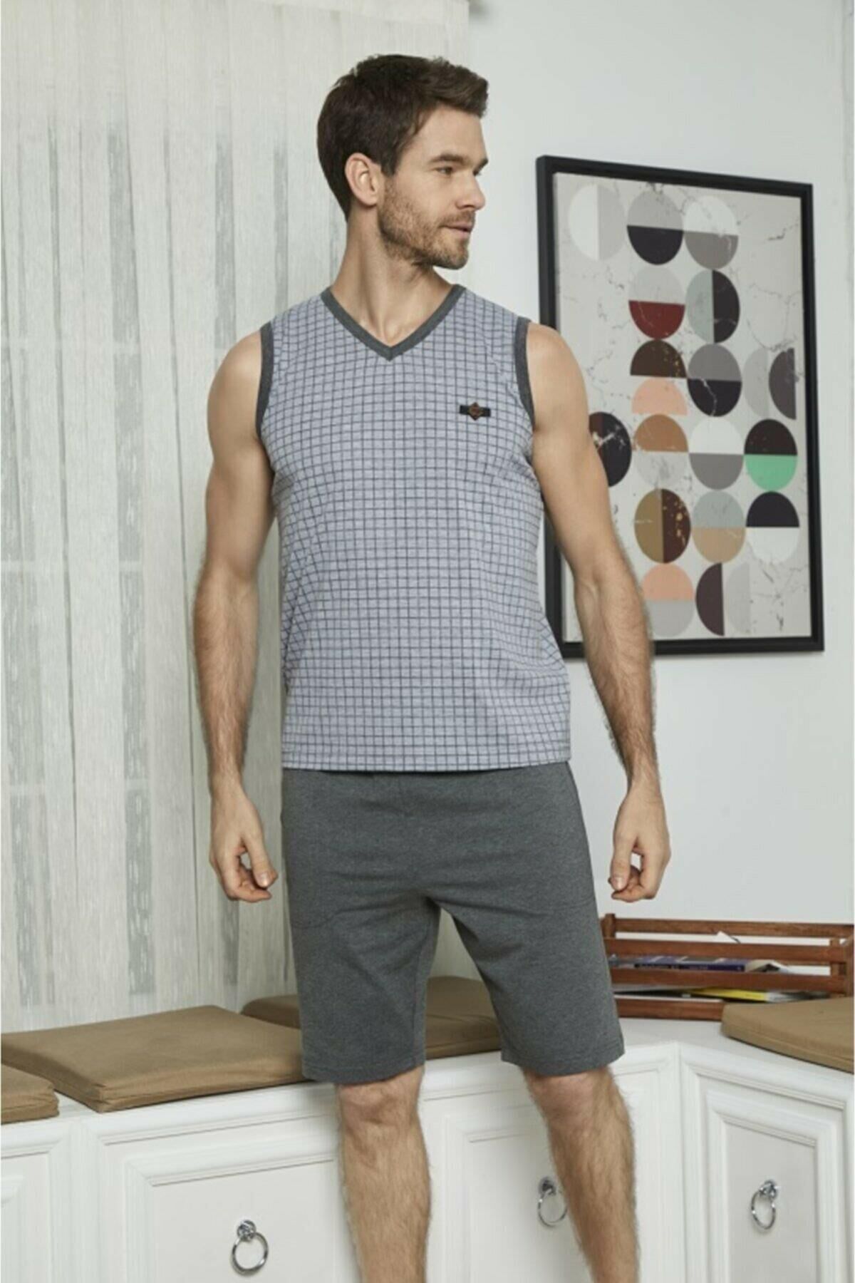 KLY 7508 Erkek Sıfır Kol Kapri Pijama Takım