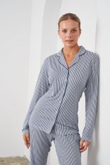Pjs 24549 Kadın Düğmeli Çizgili Pijama Takım