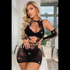 For Dreams 3069 Eldivenli Göğüs Kısmı Çapraz İp Dekolteli Parlak Taşlı Mini Elbise