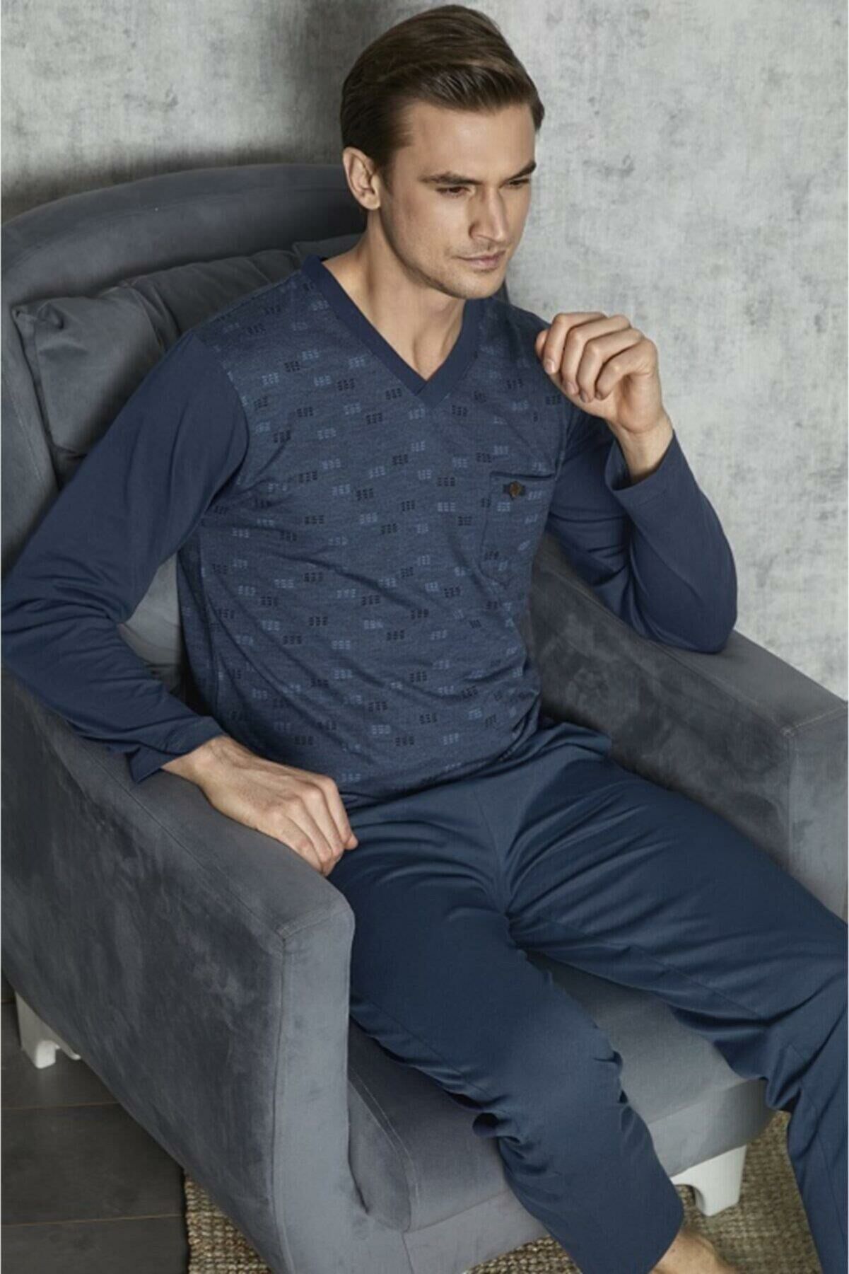 Kly 7420 Erkek Battal V Yaka Pijama Takımı İndigo - 5XL