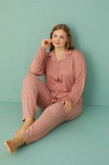 Gd Goldoremi 50851-9 Büyük Beden Kadın Puantiyeli Önden Düğmeli Pijama Takım