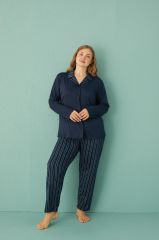 Gd Goldoremi 50851-6 Büyük Beden Kadın Çizgili Önden Düğmeli Pijama Takım