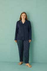 Gd Goldoremi 50851-6 Büyük Beden Kadın Çizgili Önden Düğmeli Pijama Takım