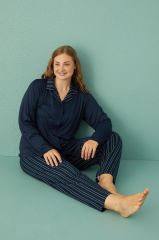 Gd Goldoremi 50851-6 Büyük Beden Kadın Çizgili Önden Düğmeli Pijama Takım
