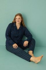 Gd Goldoremi 50851-6 Büyük Beden Kadın Çizgili Önden Düğmeli Pijama Takım