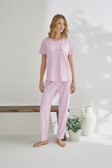 Estiva 23120 Kadın Puantiyeli Yakası Düğmeli Ring Viskon Yazlık Pijama Takımı