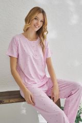 Estiva 23120 Kadın Puantiyeli Yakası Düğmeli Ring Viskon Yazlık Pijama Takımı