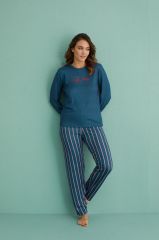 Gd Goldoremi 14102-4 Kadın Lazy Day Kadife Uzun Kol Çizgili Termal Pijama Takım