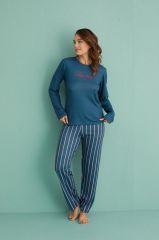 Gd Goldoremi 14102-4 Kadın Lazy Day Kadife Uzun Kol Çizgili Termal Pijama Takım