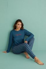 Gd Goldoremi 14102-4 Kadın Lazy Day Kadife Uzun Kol Çizgili Termal Pijama Takım