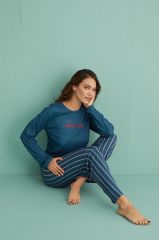 Gd Goldoremi 14102-4 Kadın Lazy Day Kadife Uzun Kol Çizgili Termal Pijama Takım