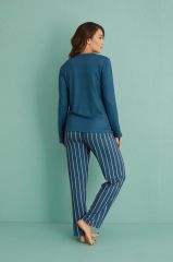 Gd Goldoremi 14102-4 Kadın Lazy Day Kadife Uzun Kol Çizgili Termal Pijama Takım