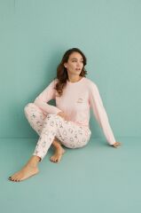 Gd Goldoremi 14101-5 Kadın Kedi Desenli Termal Kumaş Uzun Kol Pijama Takım