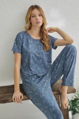 Estiva 23122 Kadın Yıldız Desenli Yakası Düğmeli Ring Viskon Pijama Takımı