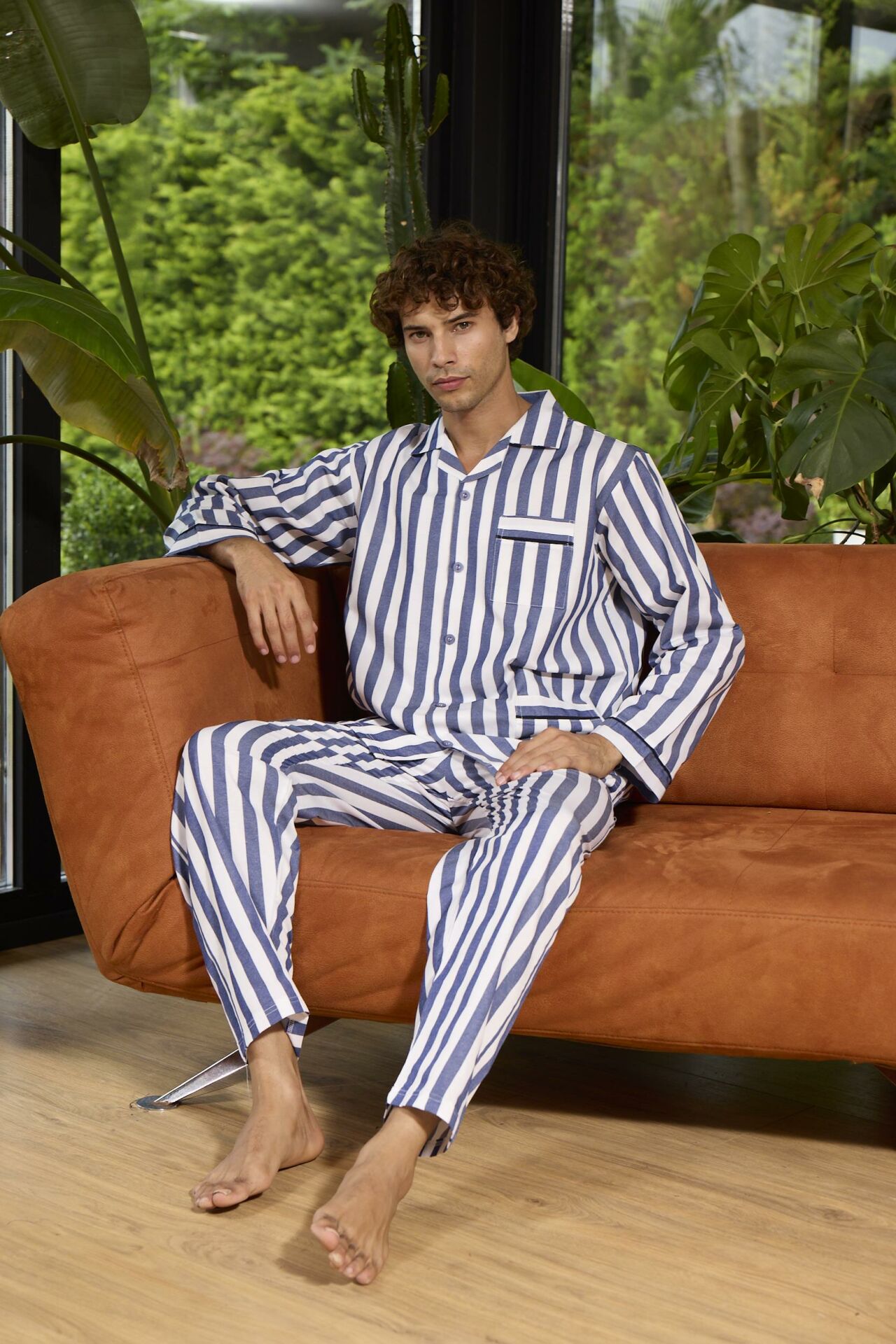 4007 Erkek Apaj Yaka Önden Düğmeli Gaffur Pijama Takım Mavi - XL