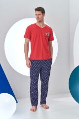 Pjs 24307 Erkek Bordo V Yaka Yelken Baskılı Kısa Kol Pijama Takımı
