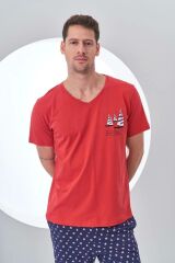 Pjs 24307 Erkek Bordo V Yaka Yelken Baskılı Kısa Kol Pijama Takımı