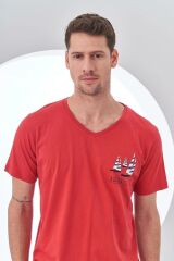 Pjs 24307 Erkek Bordo V Yaka Yelken Baskılı Kısa Kol Pijama Takımı
