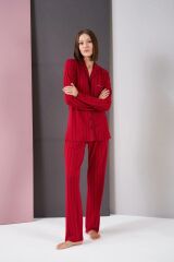 Pjs 26003 Kadın Boydan Patlı Düğmeli Balık Sırtı Çizgili Uzun Kol Pijama Takımı