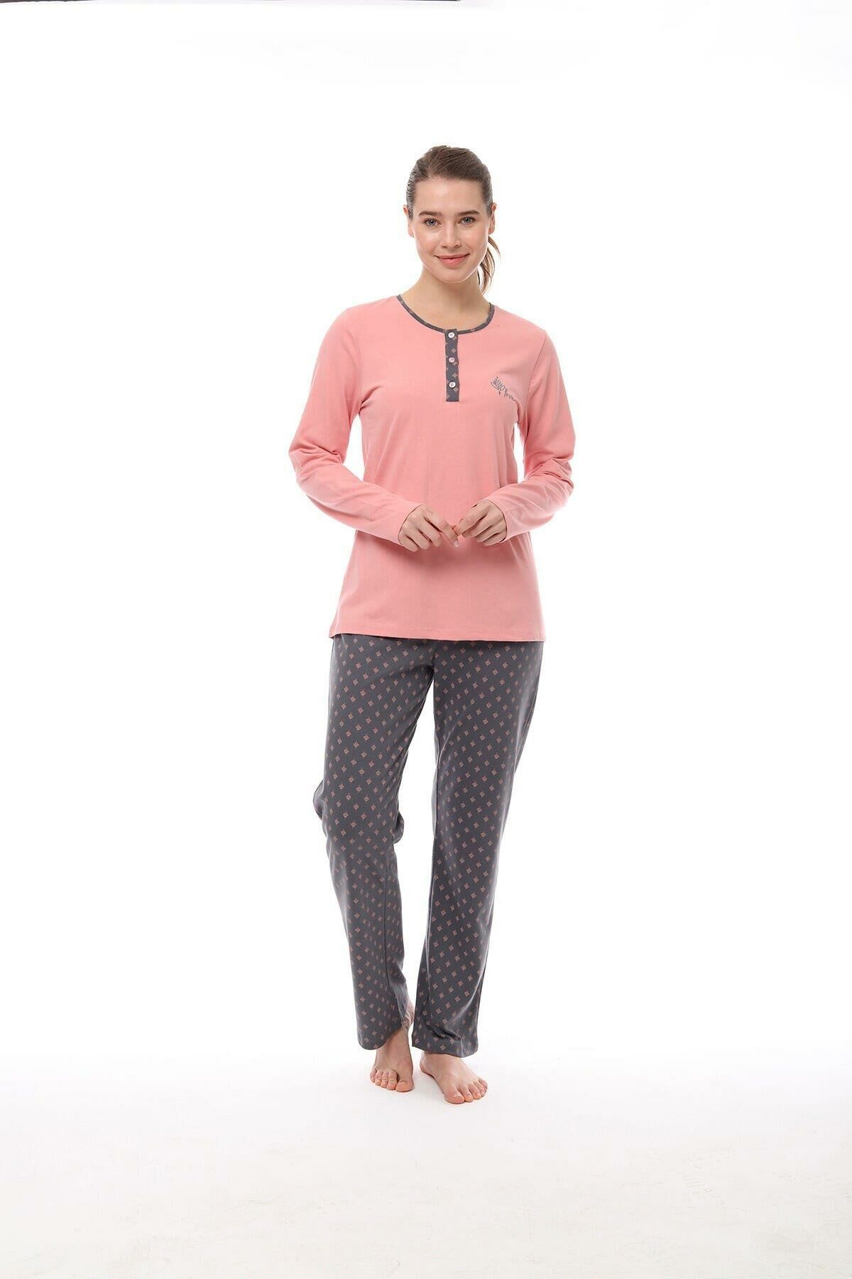 Pijadore 1538 Kadın Yaka Düğmeli Uzun Kollu Pijama Takım