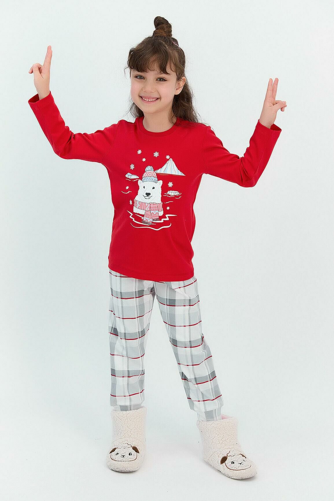 Roly Poly 2600 Ekoseli Kırmızı Kız Çocuk Pijama Takımı