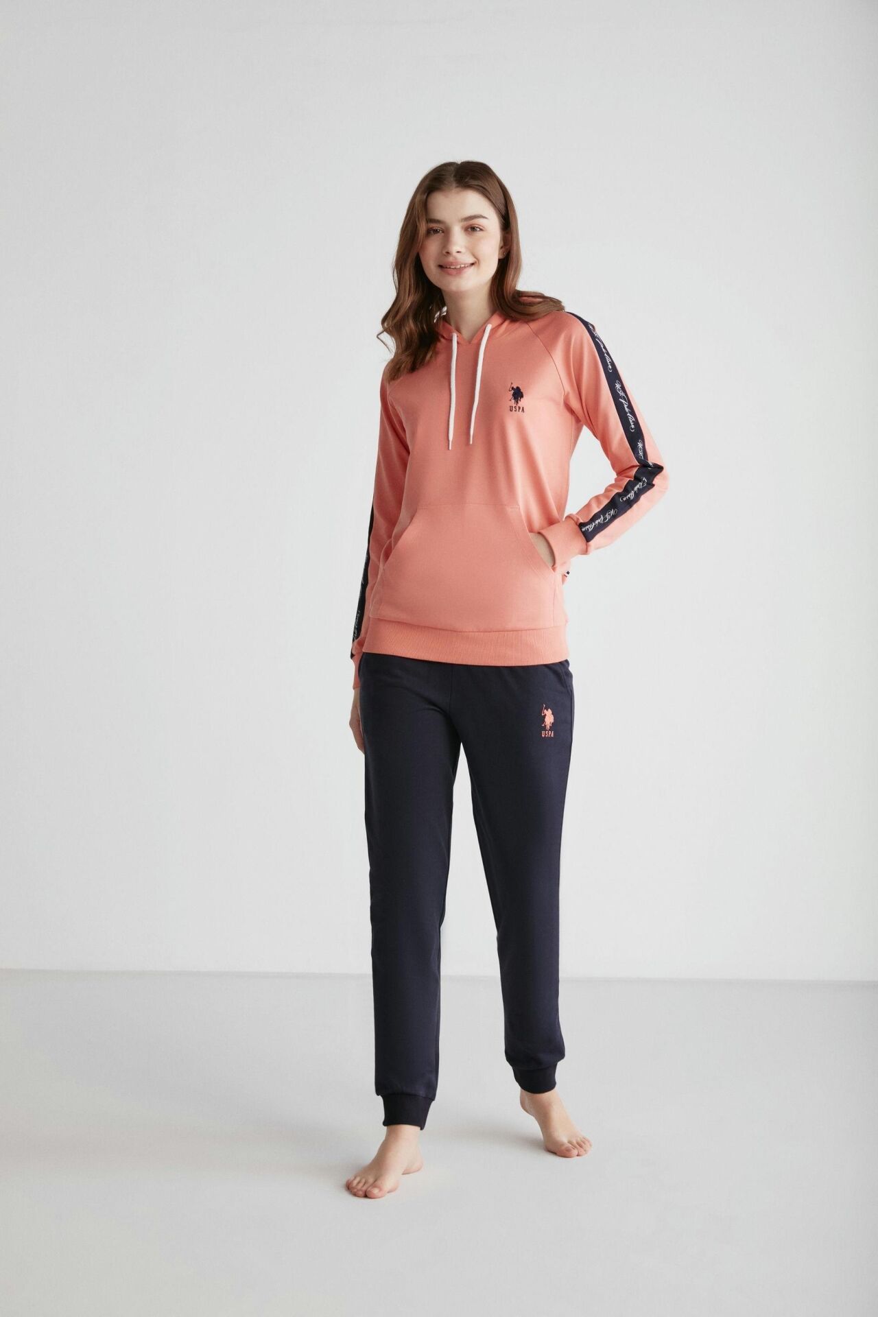 U.S. Polo Assn. 16946 Kadın Kapşonlu Pijama Takımı Somon - XL