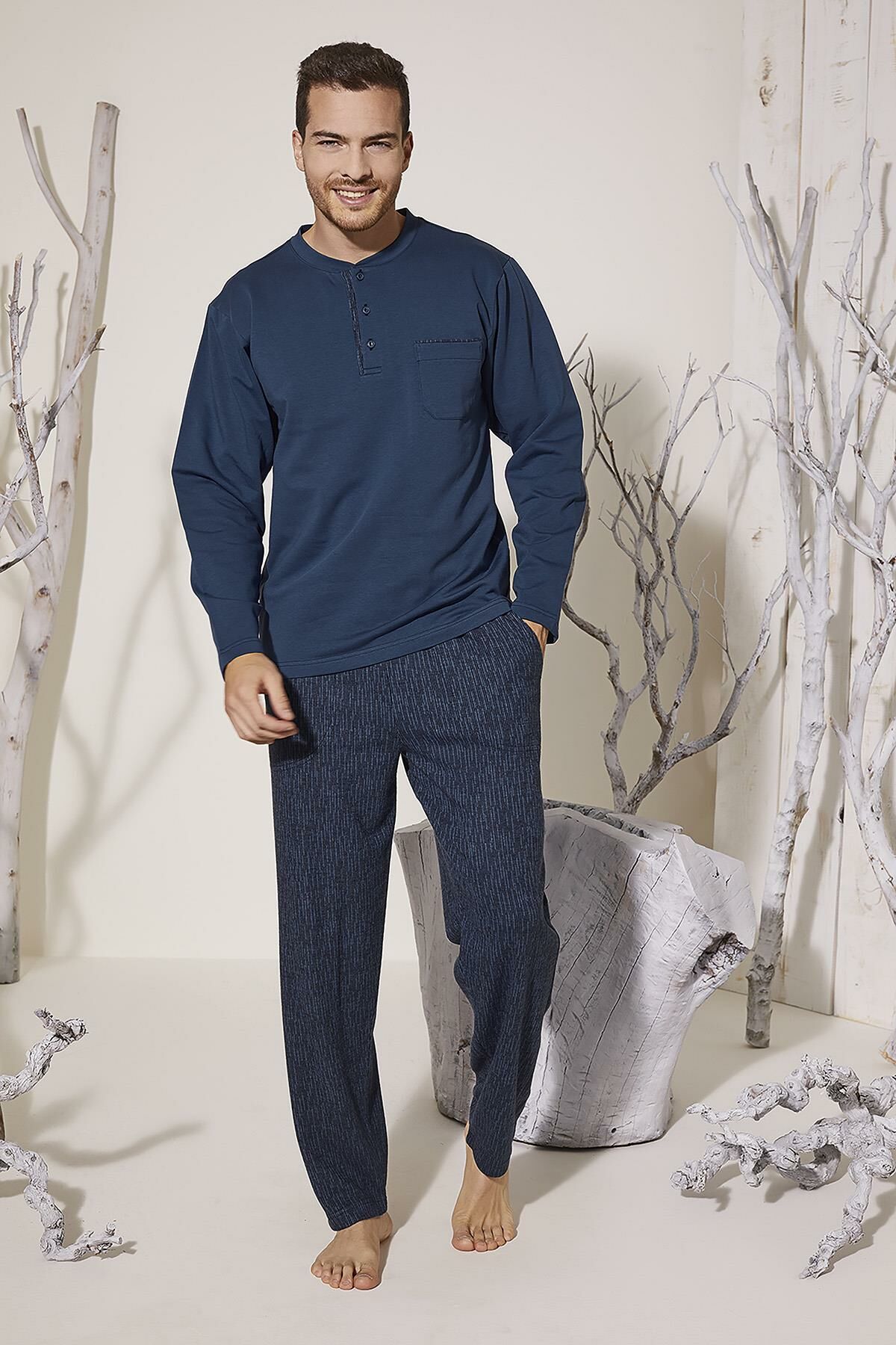 KLY 8027 Erkek Midi Yaka Pijama Takım