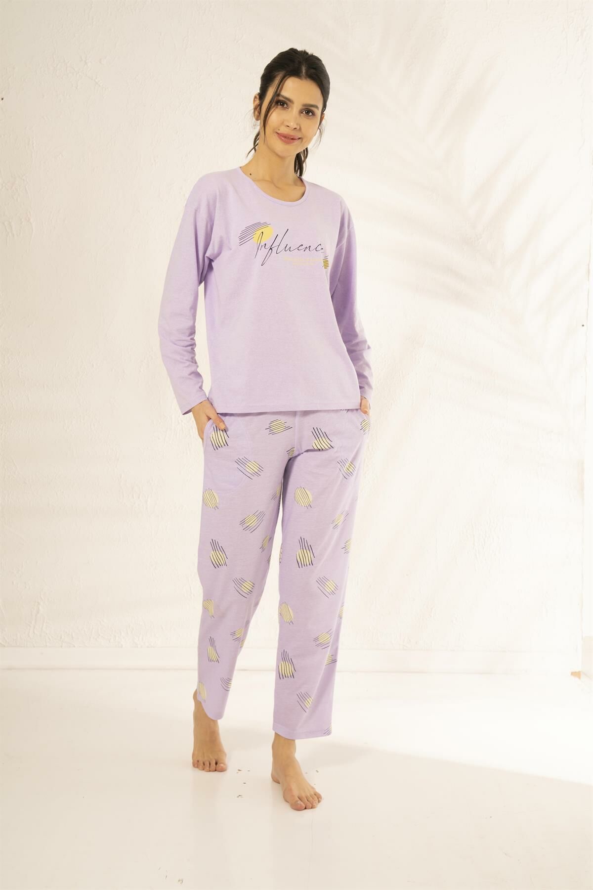 Estiva 23114 Kadın Desenli Uzun Kollu Yazlık Penye Pijama Takımı