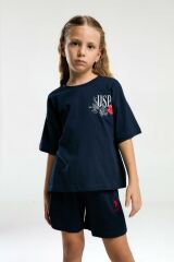 U.S. Polo Assn. 2072 Garson Çiçek Desenli Kız Çocuk Lacivert Bisiklet Yaka Kısa Kollu Şort  Pijama Takım